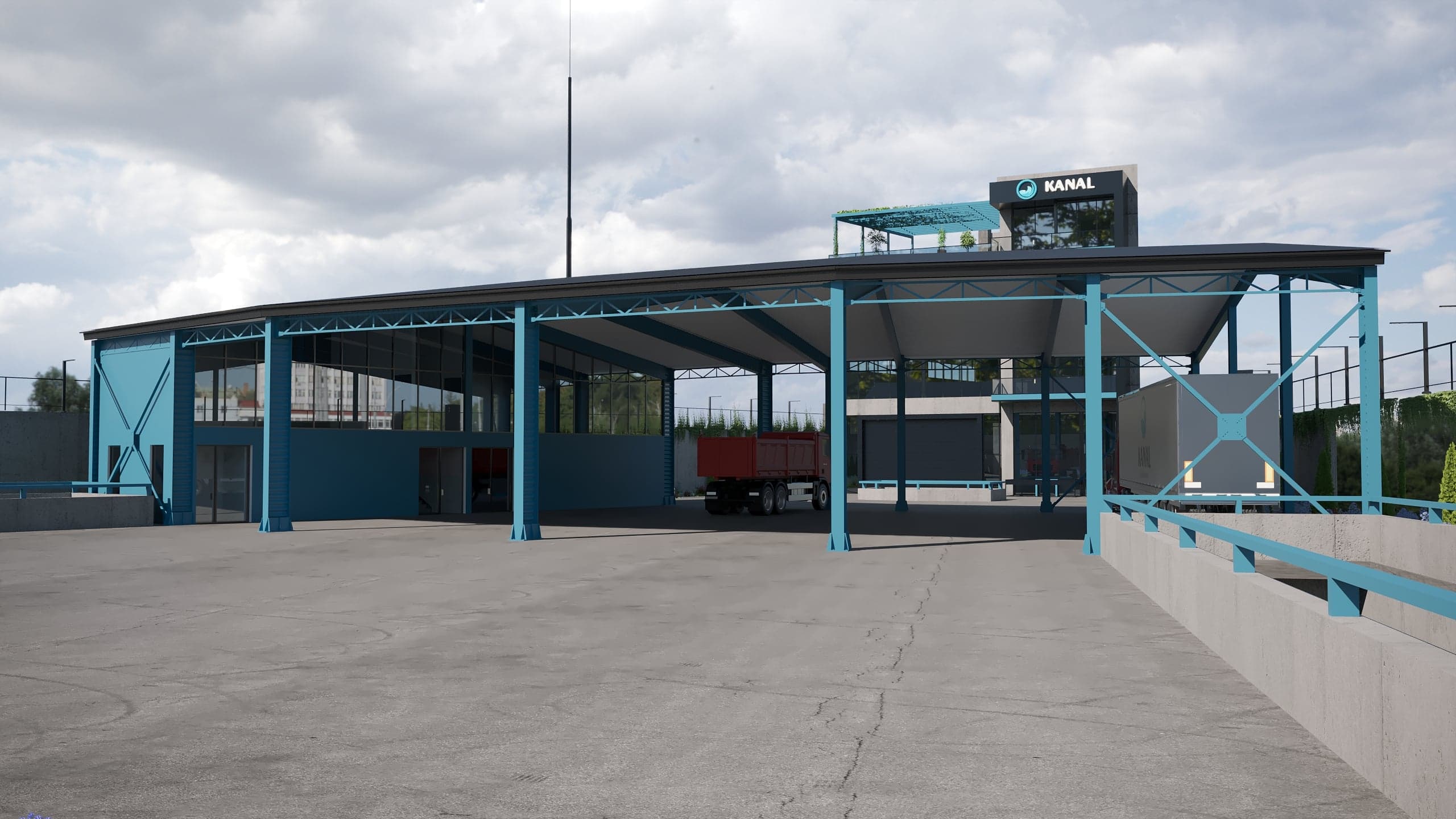 CANAL SERVICE covered vehicle bay — steel-framed canopy for maintenance and operation of heavy machinery