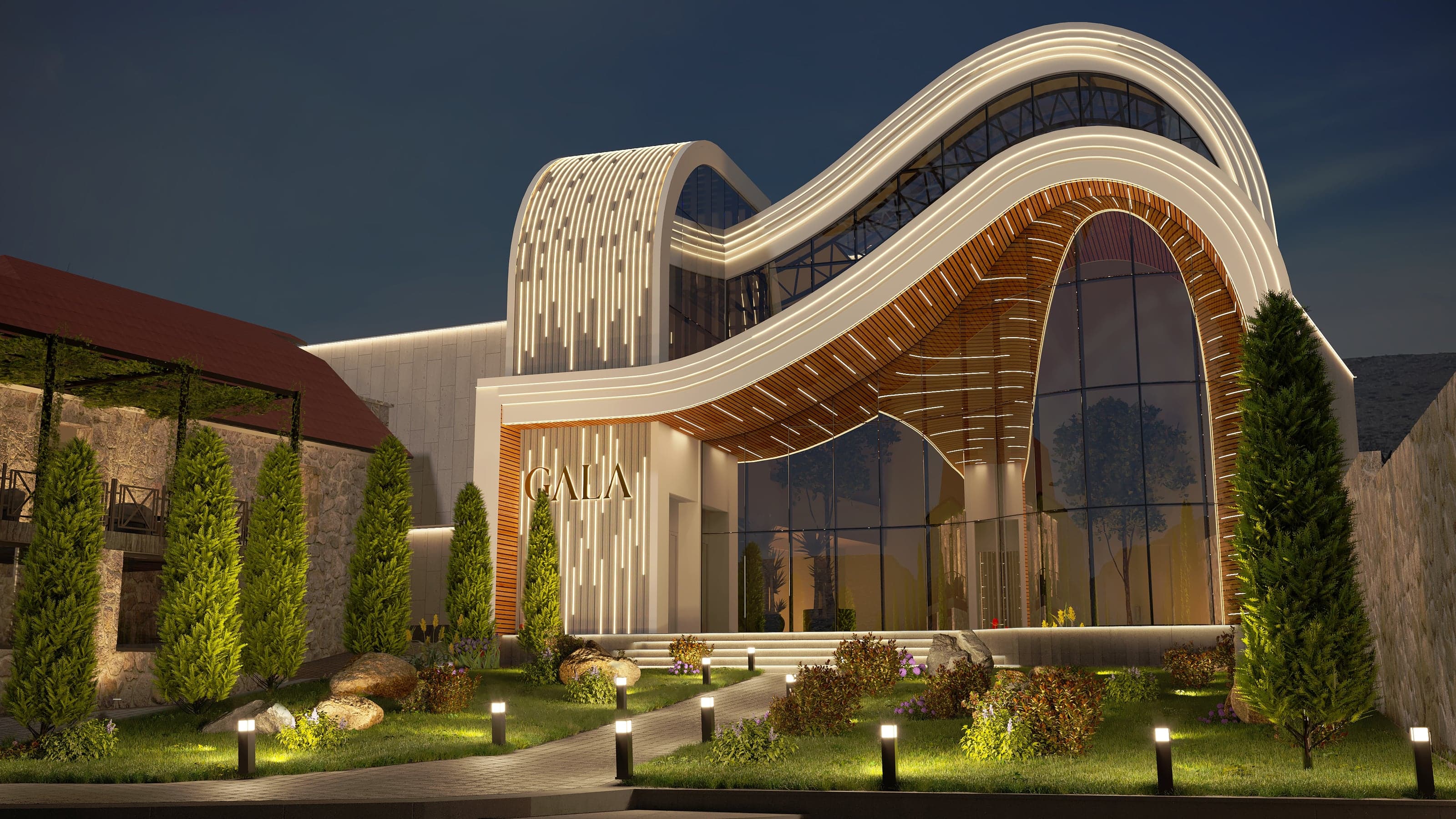 GALA Wedding Venue — sweeping wave-form roof and glazed entrance canopy illuminated at night