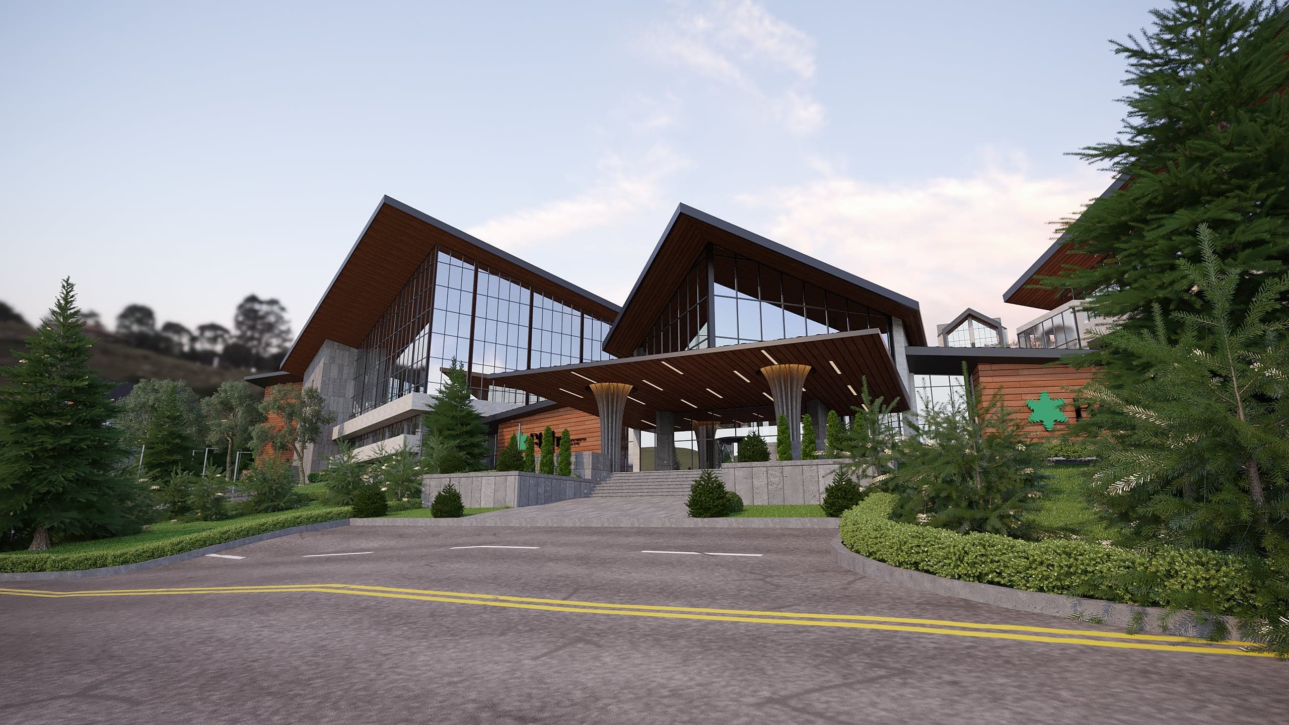 BELLIS Hotel & SPA main lodge — pitched timber-and-glass entrance volumes at daytime
