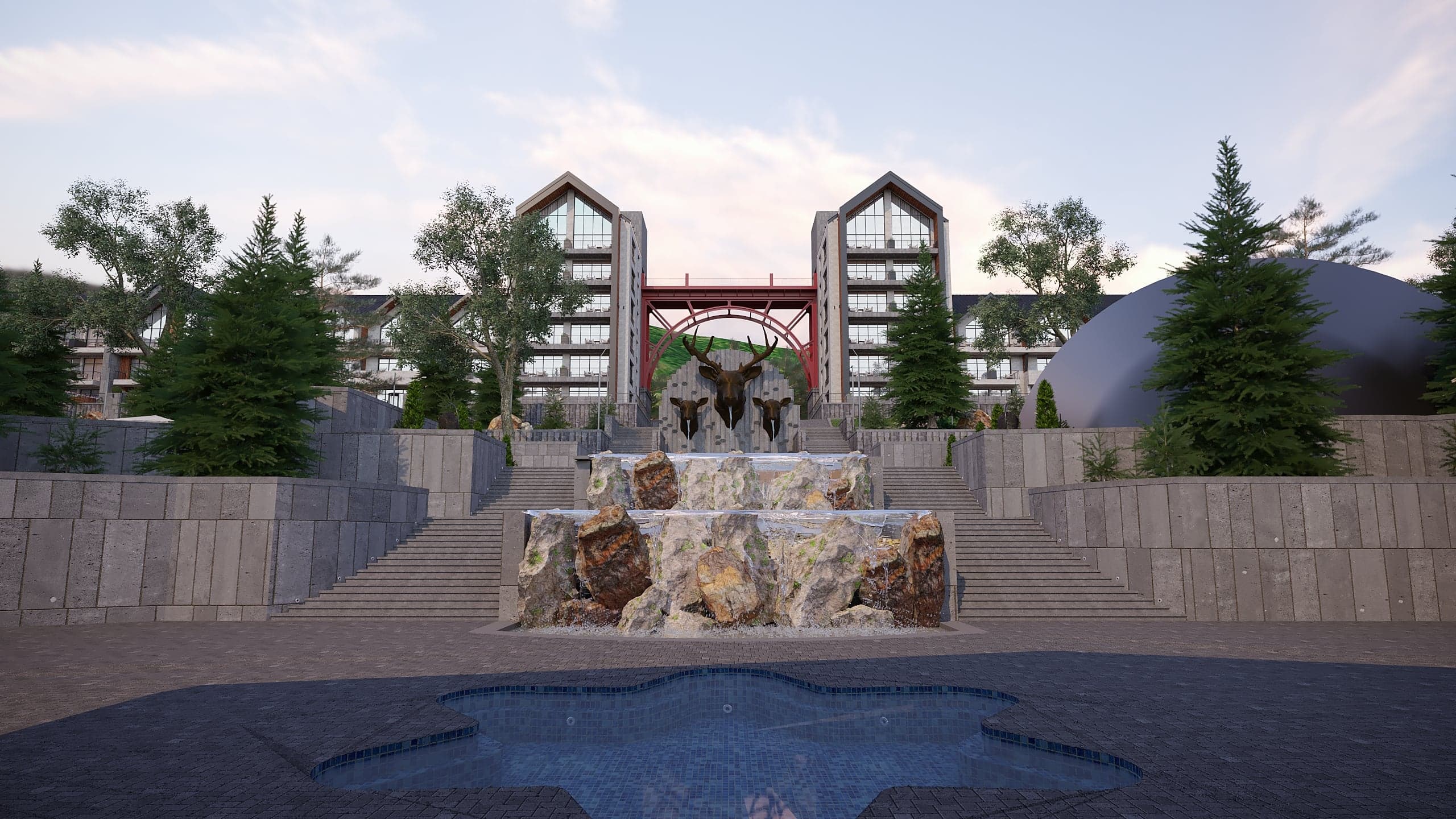 BELLIS Hotel & SPA main lodge — pitched timber-and-glass entrance volumes at daytime