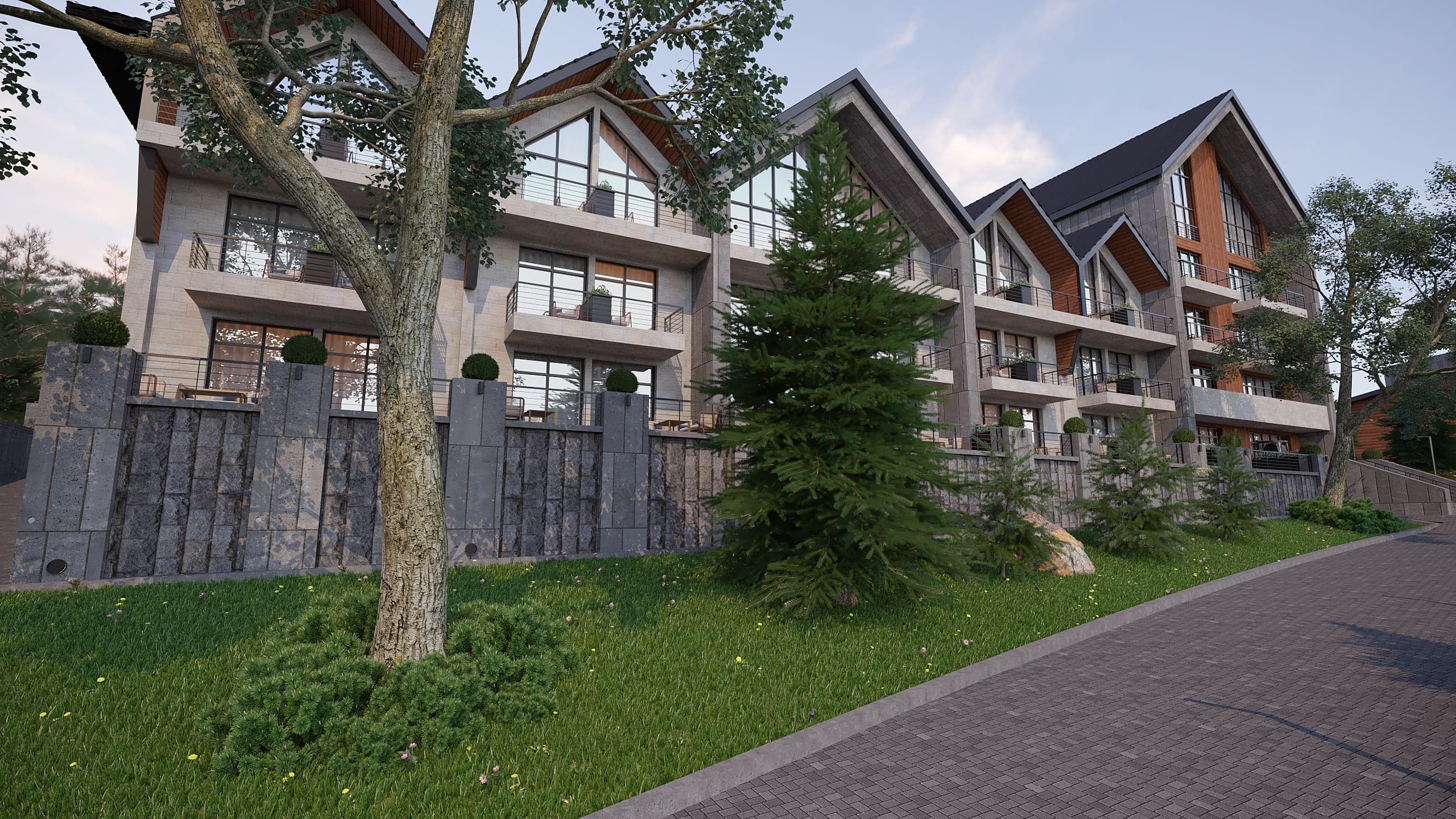 BELLIS Hotel & SPA main lodge — pitched timber-and-glass entrance volumes at daytime
