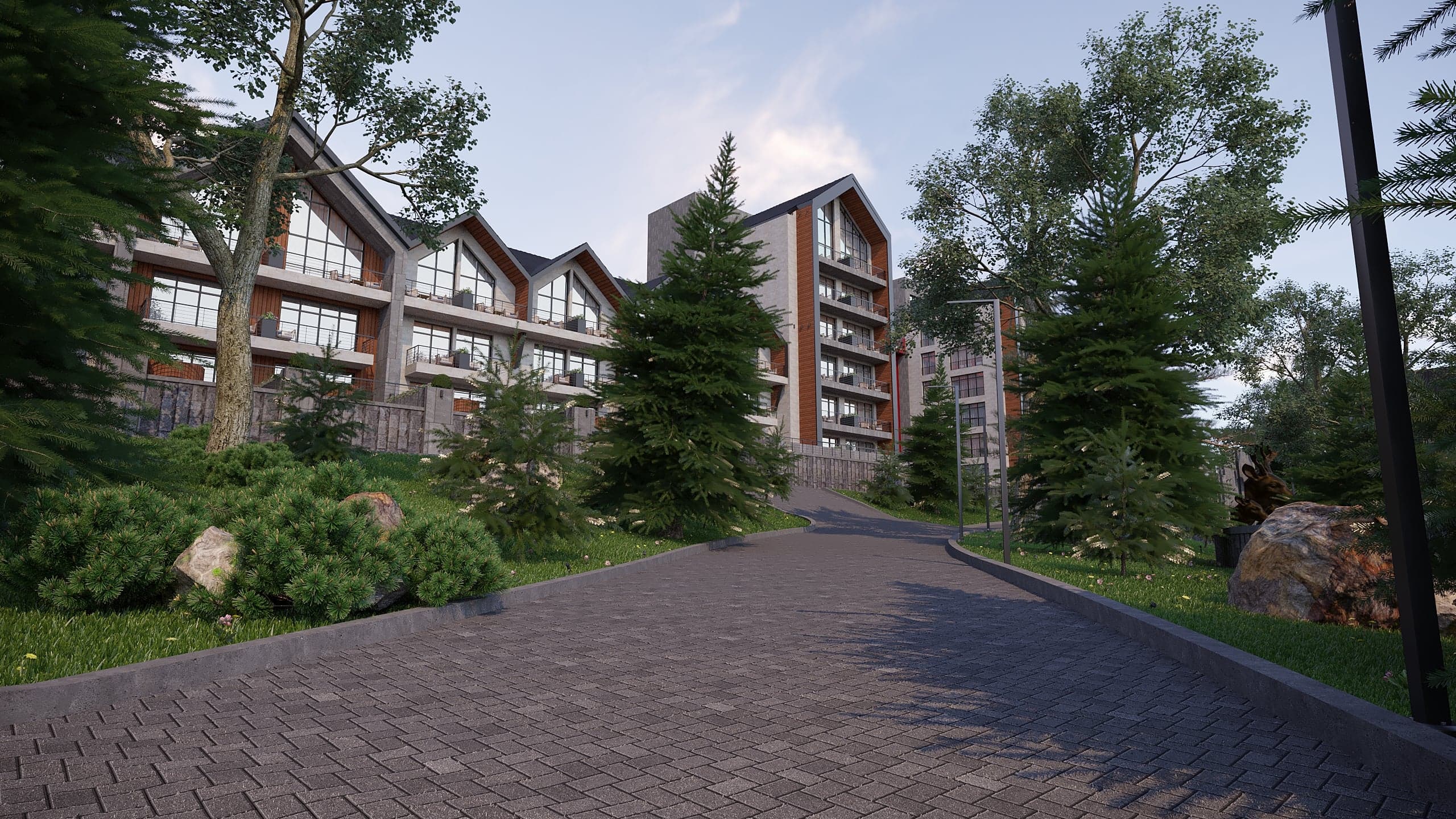 BELLIS Hotel & SPA residential terraces — stone and timber facade with mountain views