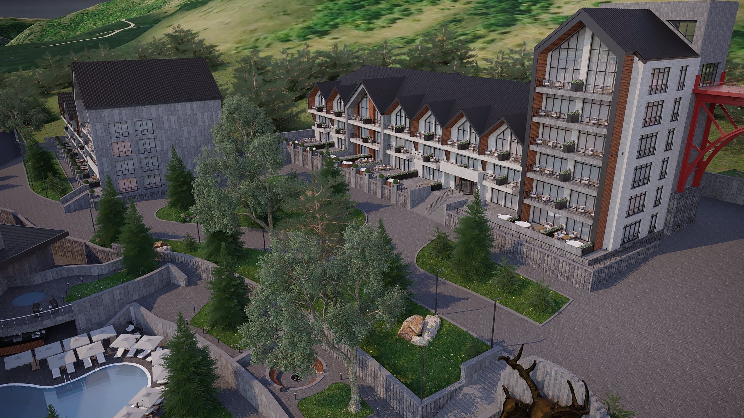BELLIS Hotel & SPA main lodge — pitched timber-and-glass entrance volumes at daytime