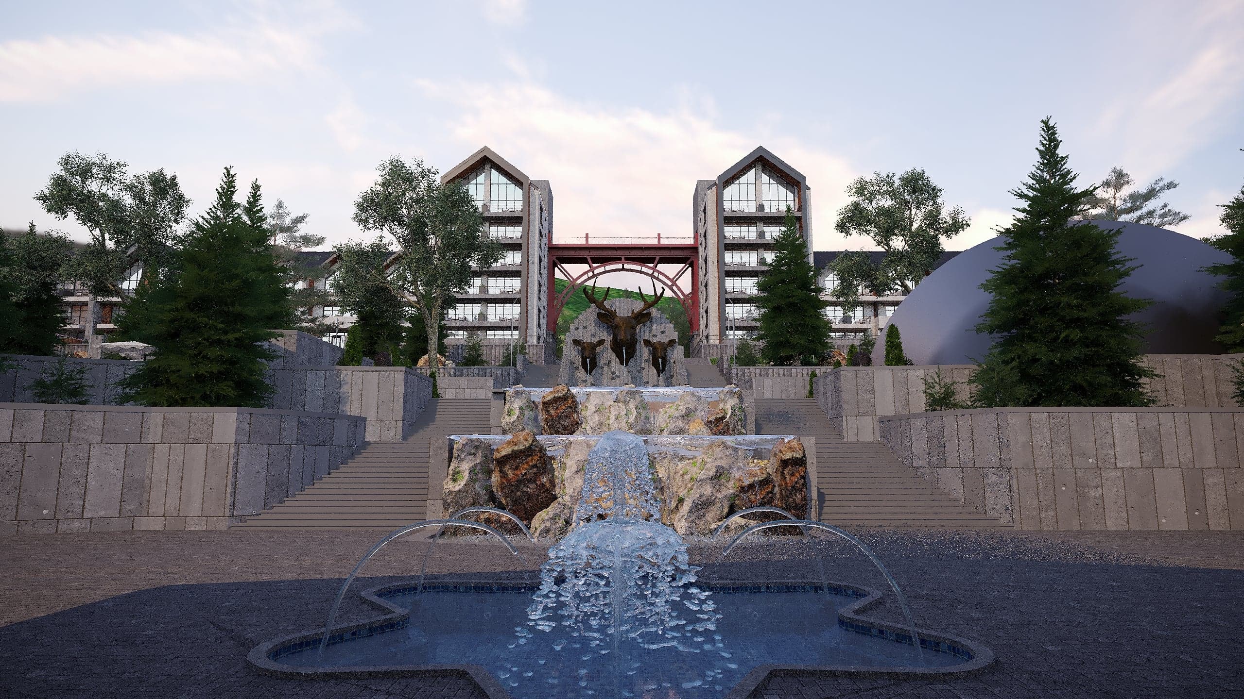 BELLIS Hotel & SPA central plaza — tiered stone stairway, deer-head fountain and twin gabled towers linked by a bridge