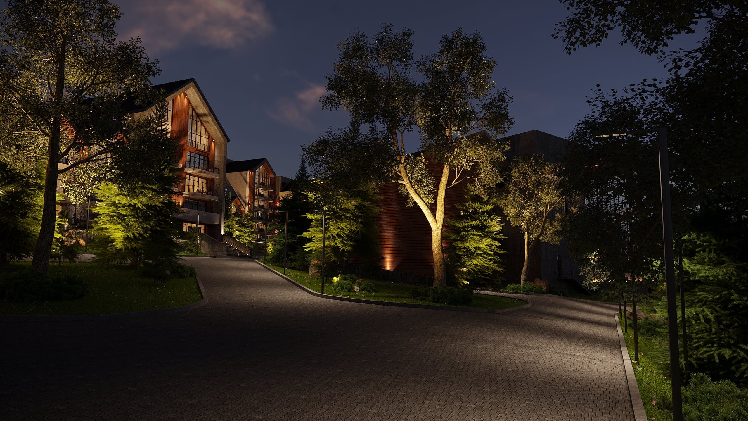 BELLIS Hotel & SPA resort exterior at night — warm architectural lighting across the mountain facade