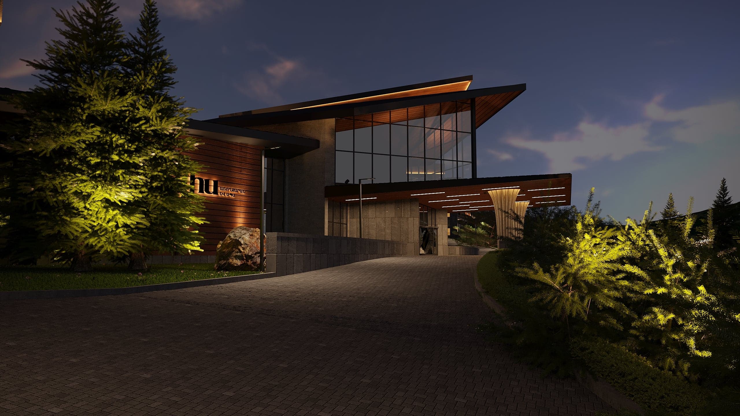 BELLIS Hotel & SPA residential terraces at night — illuminated balconies and stone facade