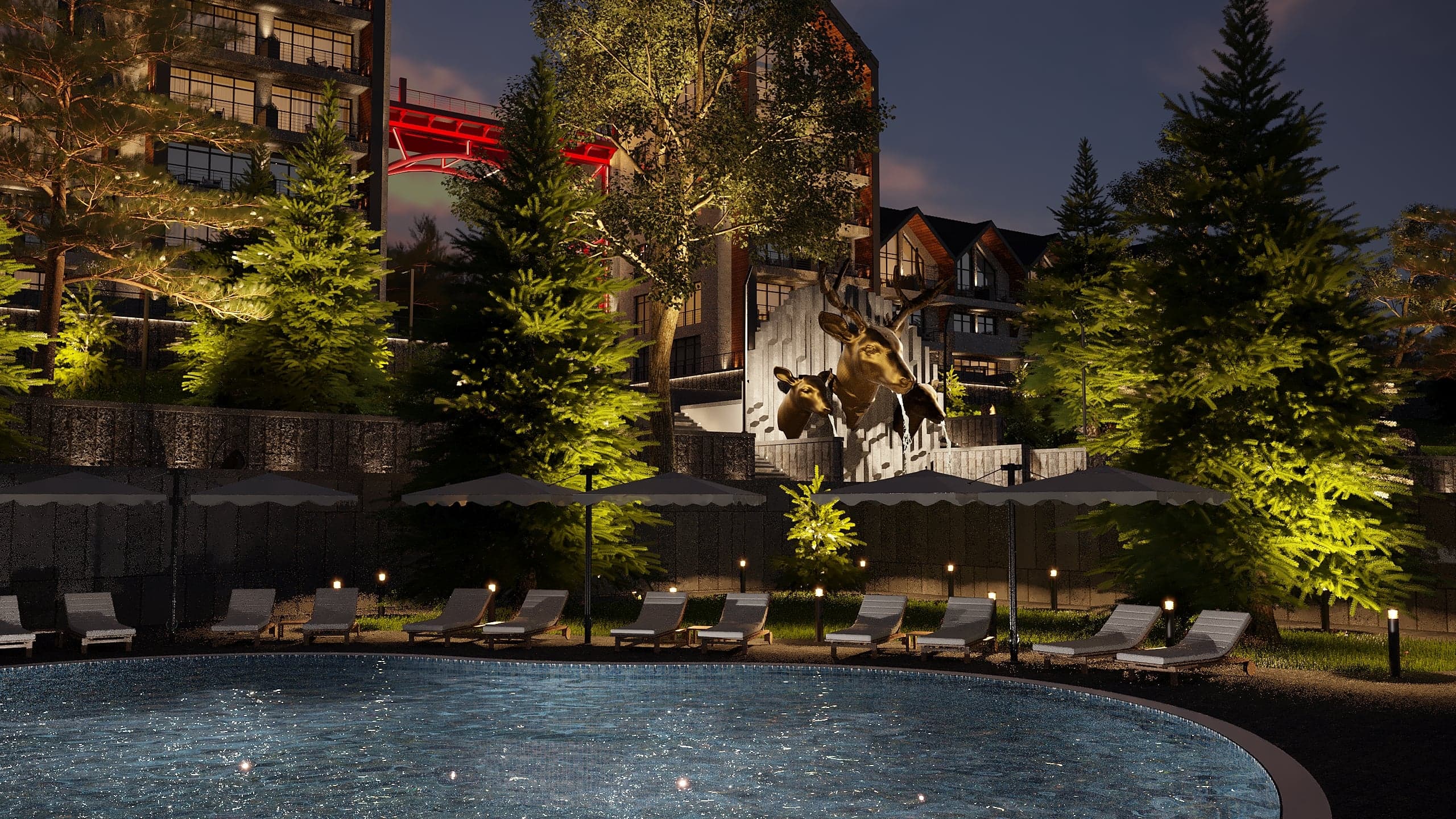 BELLIS Hotel & SPA main lodge illuminated at night — timber-lined pitched roofs and glazed entrance canopy