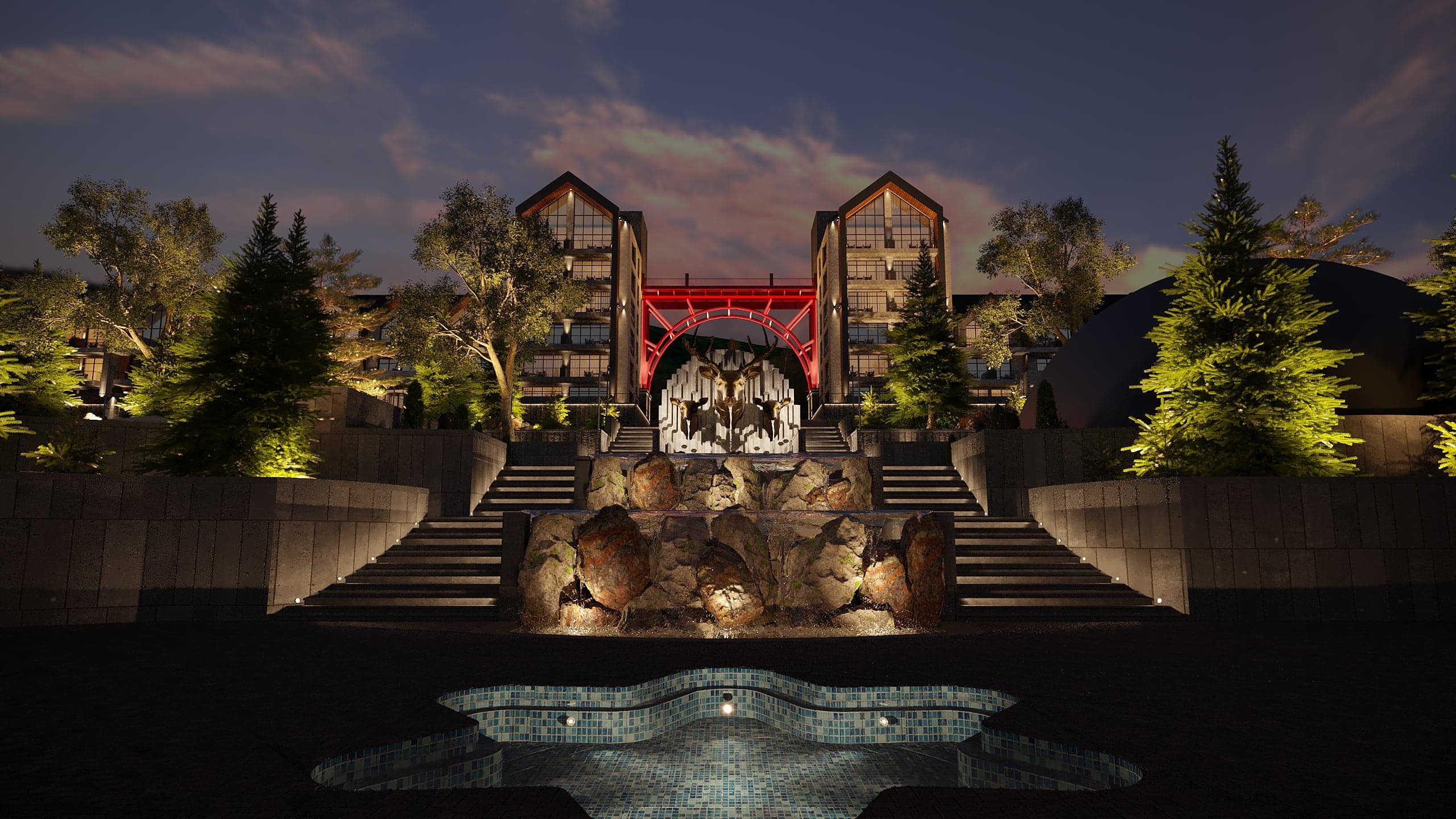 BELLIS Hotel & SPA resort exterior at night — warm architectural lighting across the mountain facade