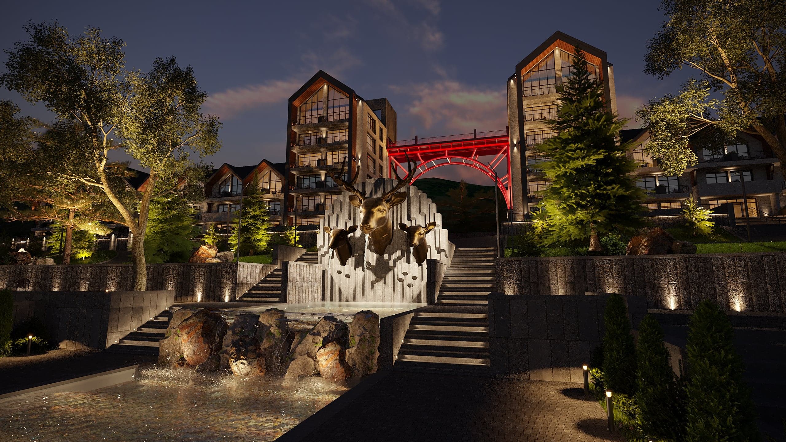 BELLIS Hotel & SPA residential terraces at night — illuminated balconies and stone facade