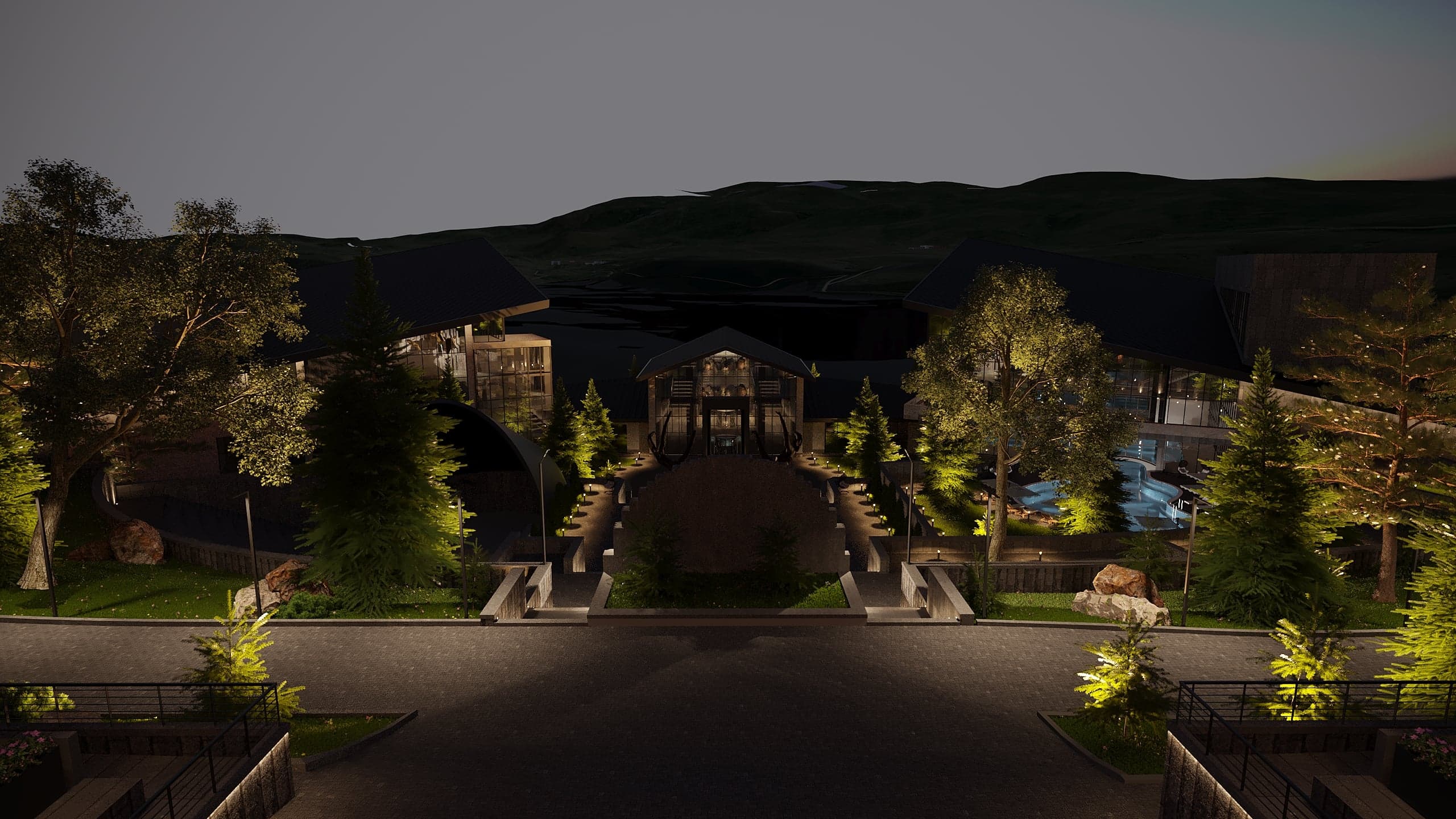 BELLIS Hotel & SPA main lodge illuminated at night — timber-lined pitched roofs and glazed entrance canopy