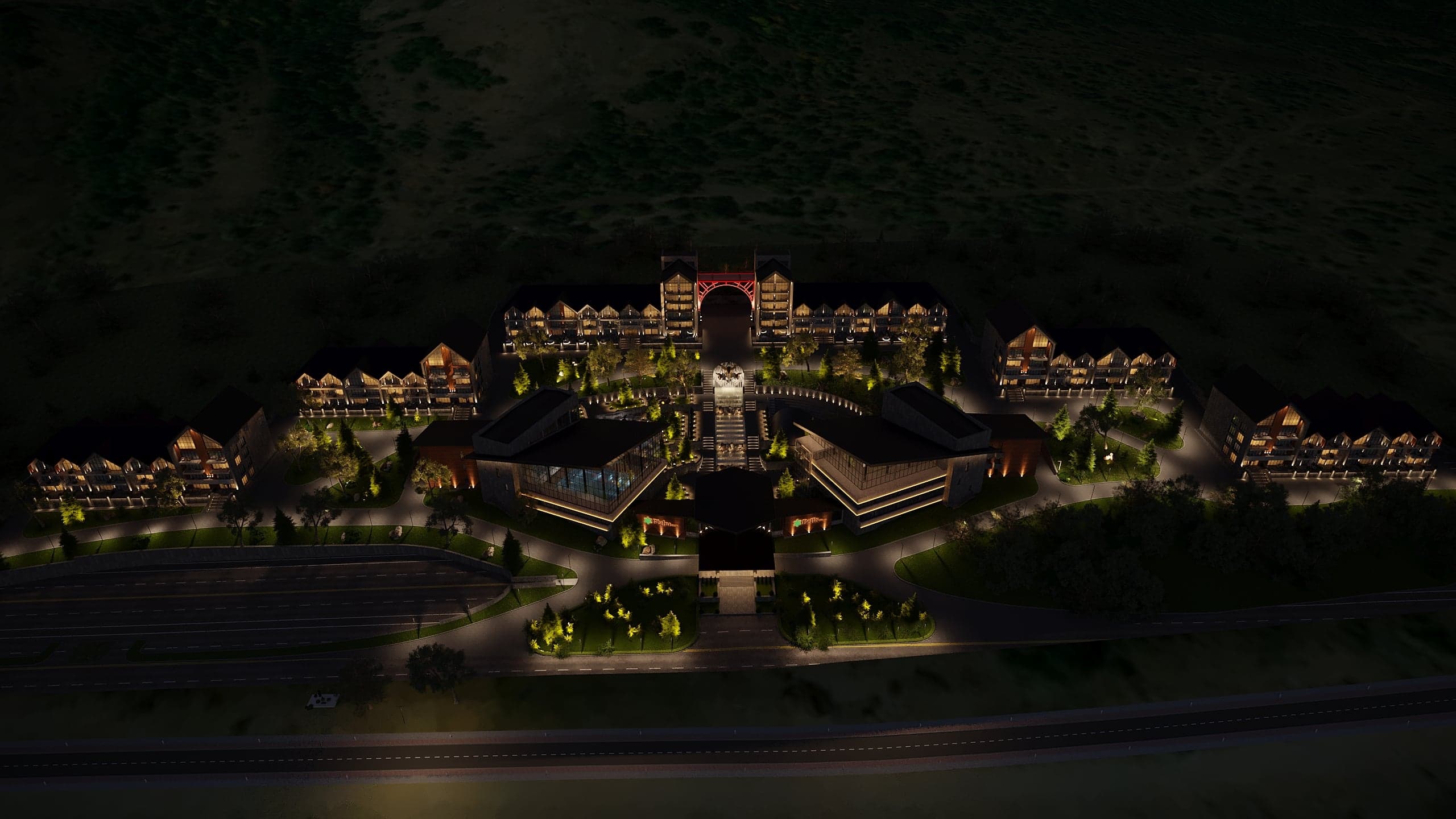 BELLIS Hotel & SPA resort exterior at night — warm architectural lighting across the mountain facade