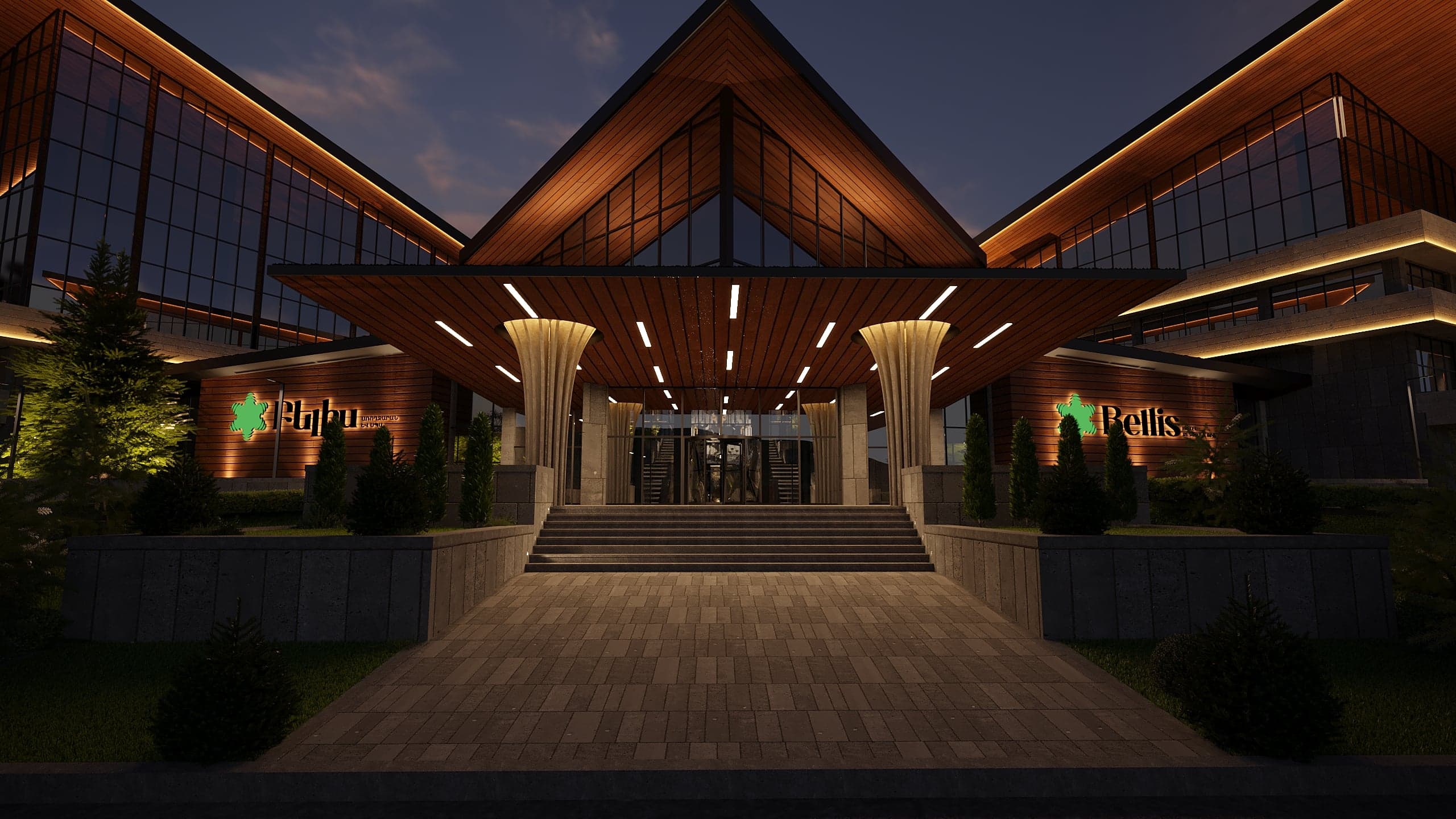 BELLIS Hotel & SPA resort exterior at night — warm architectural lighting across the mountain facade