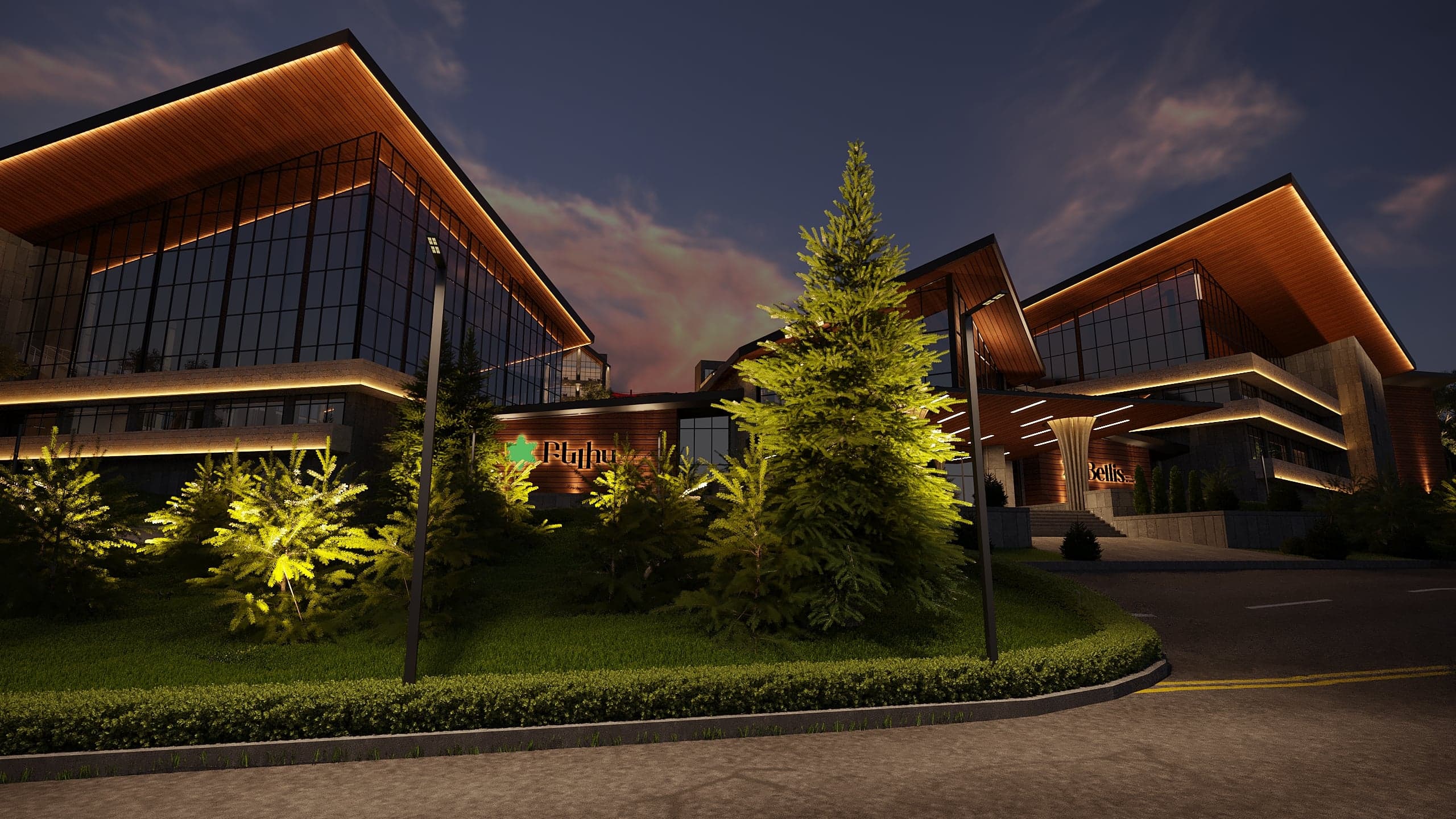 BELLIS Hotel & SPA residential terraces at night — illuminated balconies and stone facade
