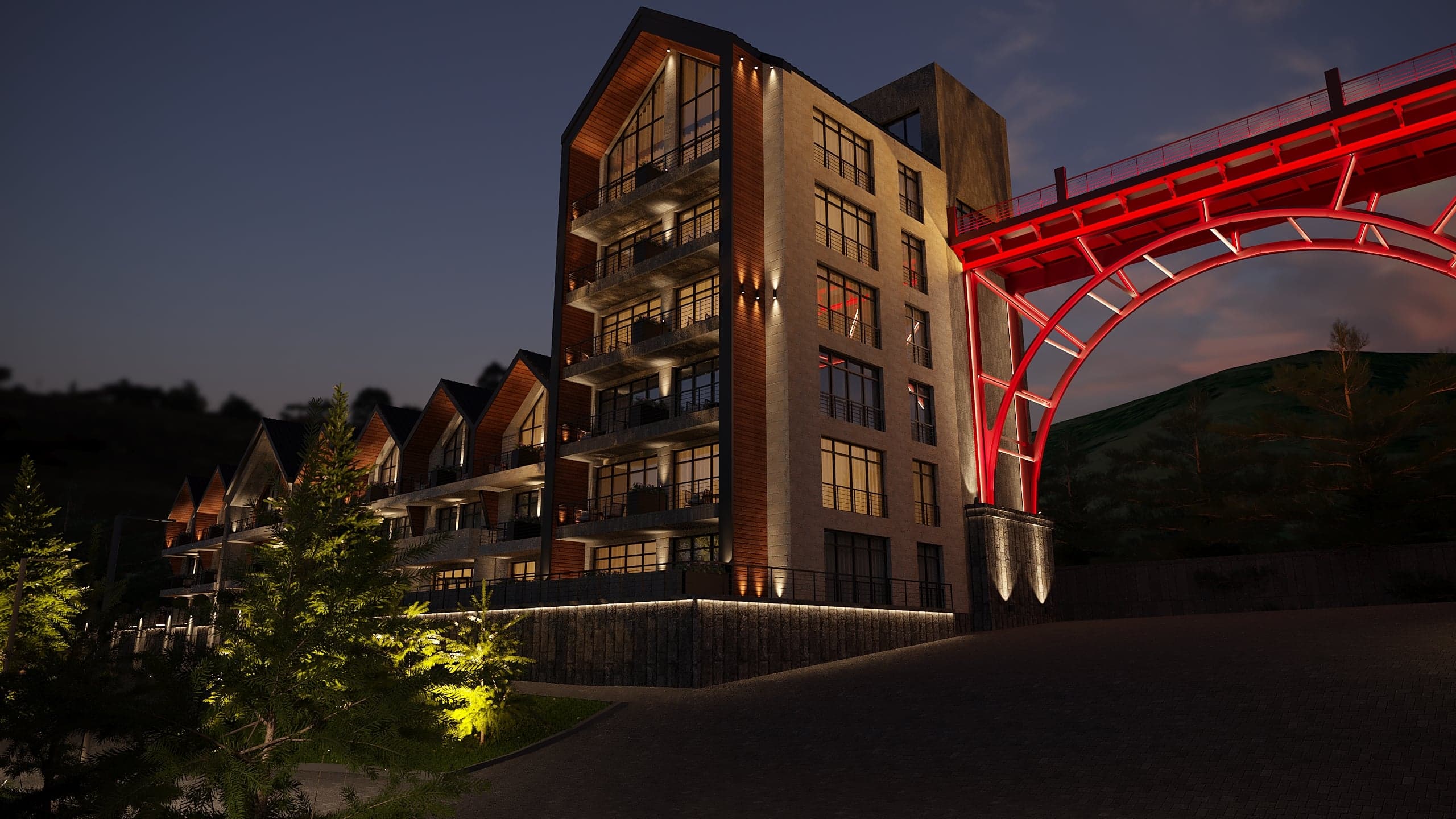 BELLIS Hotel & SPA resort exterior at night — warm architectural lighting across the mountain facade