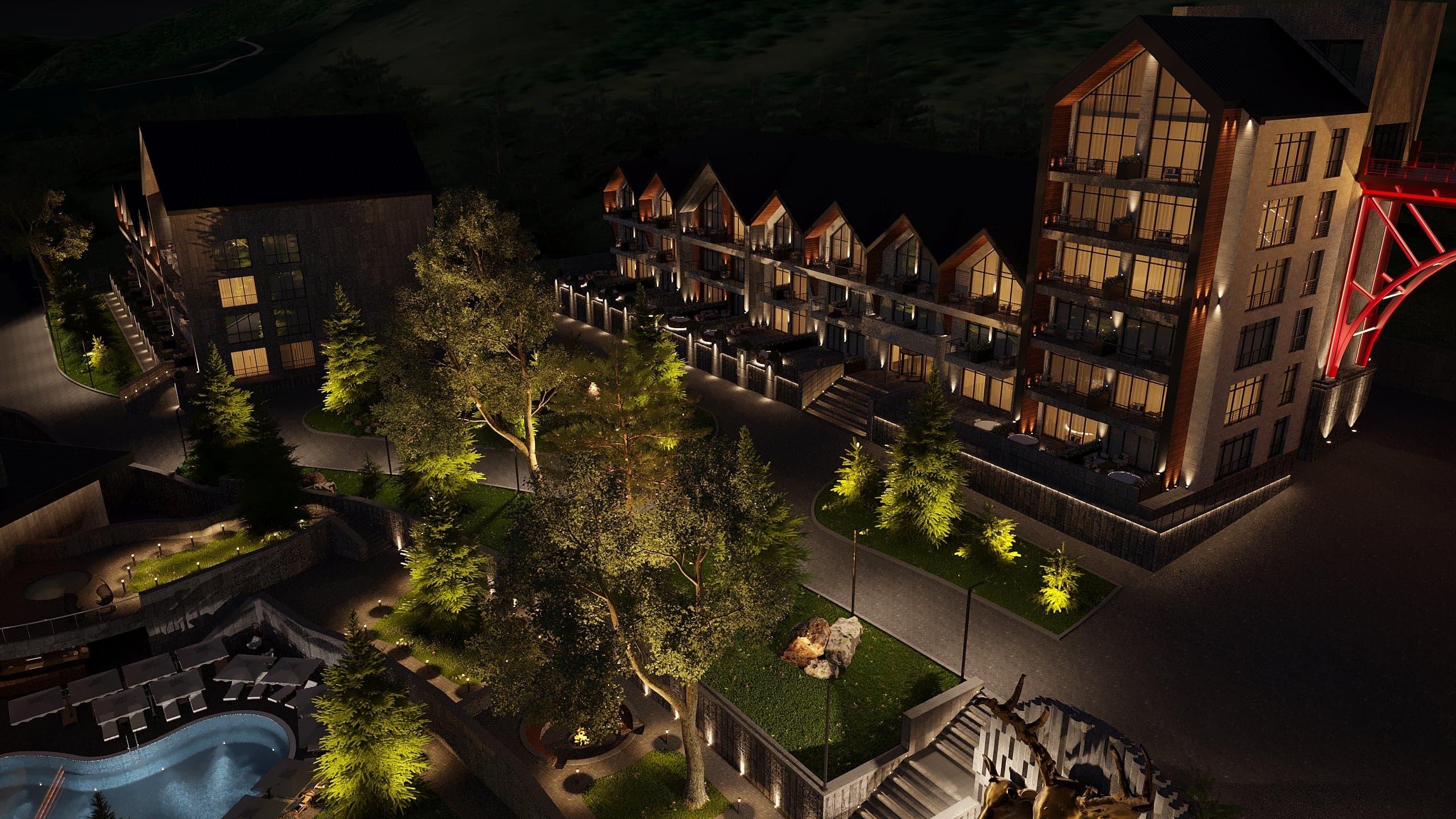 BELLIS Hotel & SPA residential terraces at night — illuminated balconies and stone facade