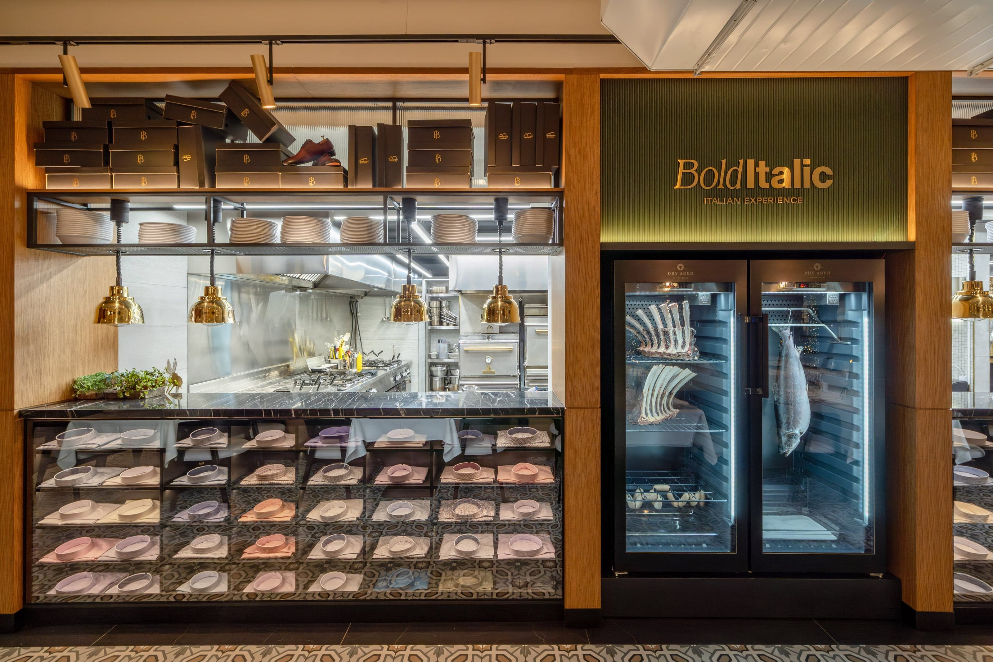 Bold Italic private dining room with a curated wall of fedora hats and accessories shelving