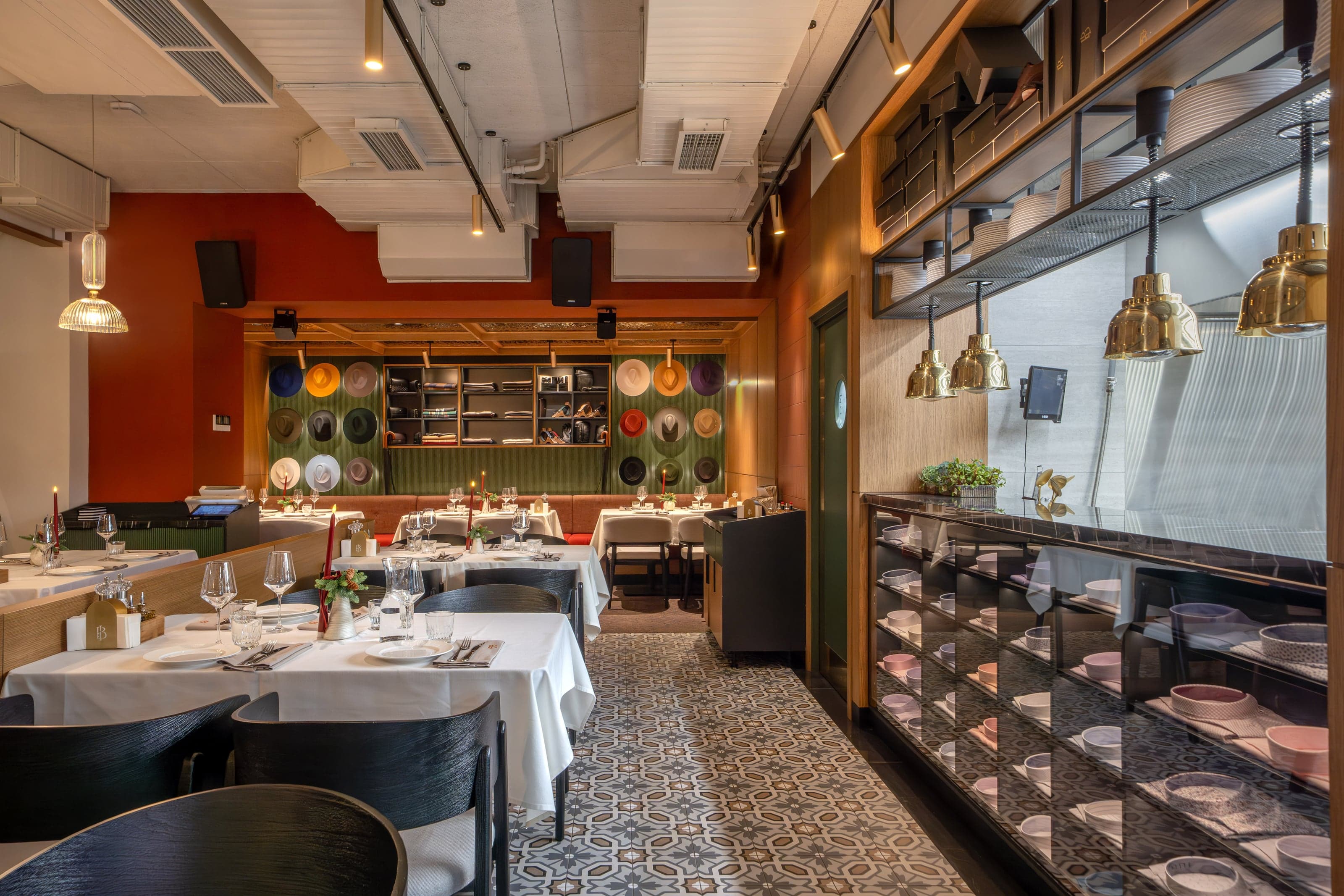 Bold Italic open exhibition kitchen with gold mosaic wood-fired pizza oven