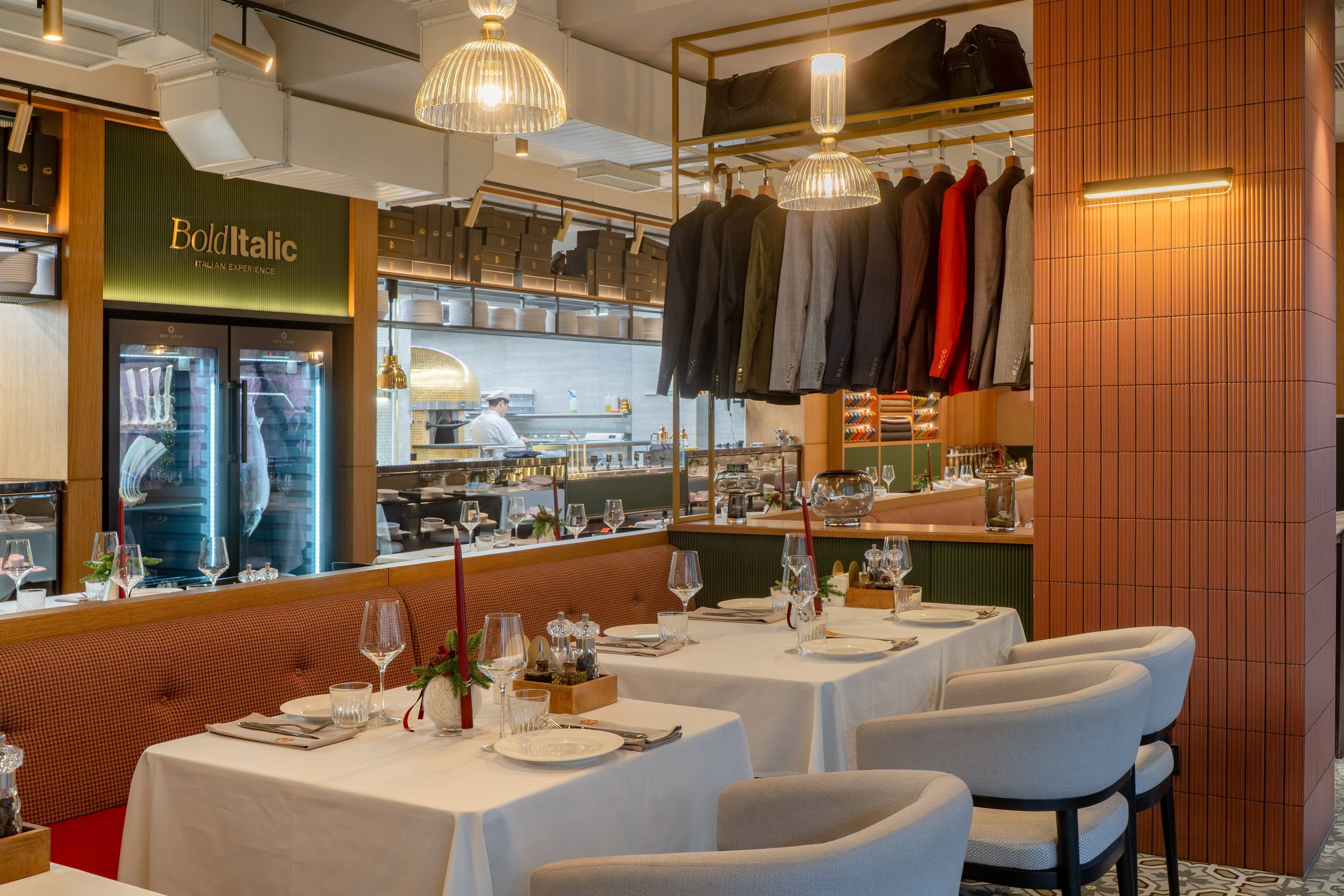 Bold Italic restaurant interior with warm wood paneling and candlelit tables