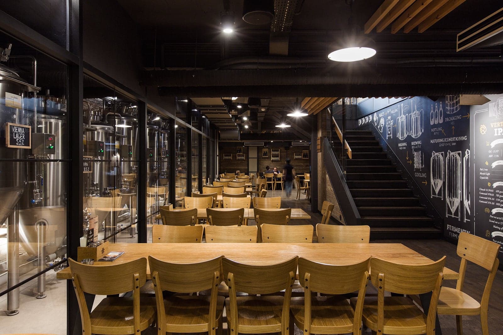 Industrial restaurant architecture with brewing equipment