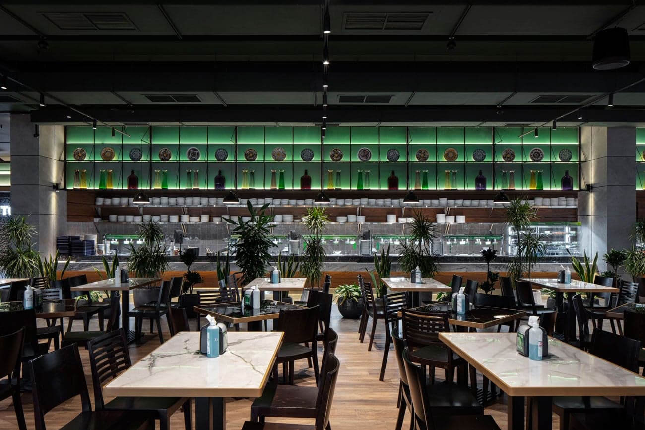 Modern hospitality interior with multiple dining concepts