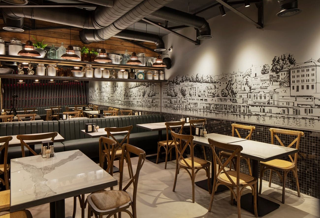 Modern grill restaurant with warm architectural lighting