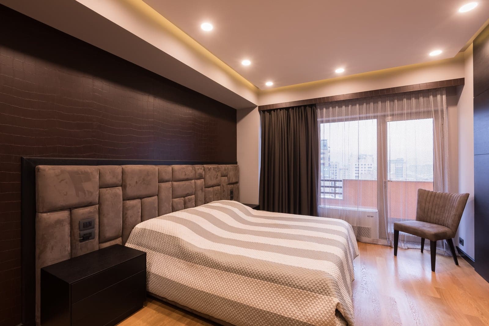 Contemporary living interior with warm material palette