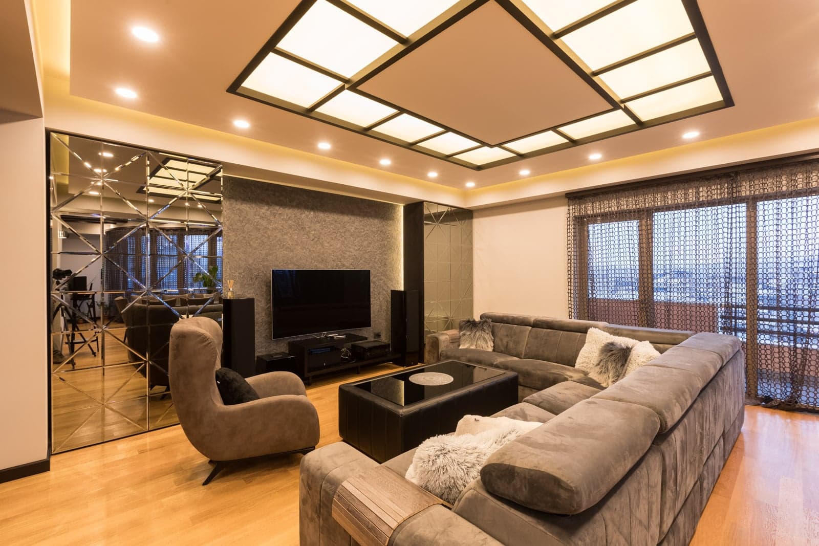 Contemporary living interior with warm material palette