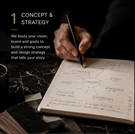 Service 1, Concept & Strategy: we study your vision, brand and goals to build a strong concept and design strategy that tells your story. Photo of a hand sketching a concept diagram in a notebook.
