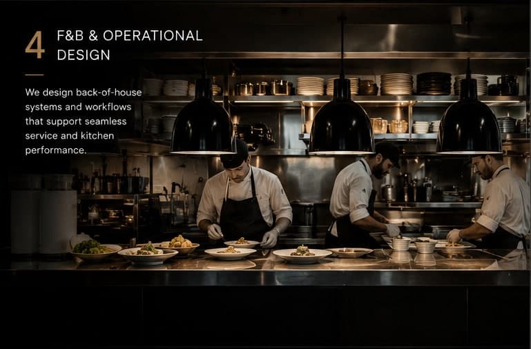 Service 4, F&B & Operational Design: we design back-of-house systems and workflows that support seamless service and kitchen performance. Photo of chefs plating dishes in a restaurant kitchen.