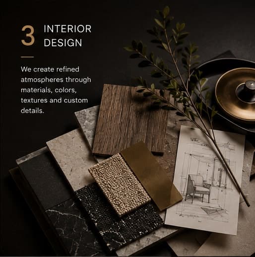 Service 3, Interior Design: we create refined atmospheres through materials, colors, textures and custom details. Photo of wood, marble and brass material samples with a floor plan sketch.