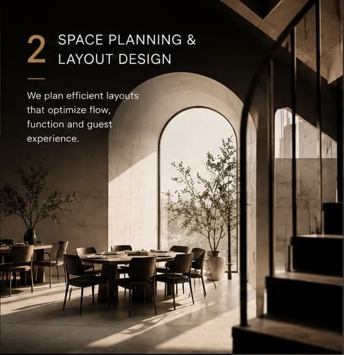 Service 2, Space Planning & Layout Design: we plan efficient layouts that optimize flow, function and guest experience. Photo of a dining area with an arched window and greenery.