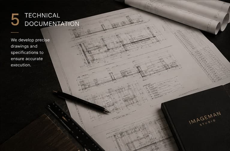 Service 5, Technical Documentation: we develop precise drawings and specifications to ensure accurate execution. Photo of architectural drawings, a ruler and a pencil.
