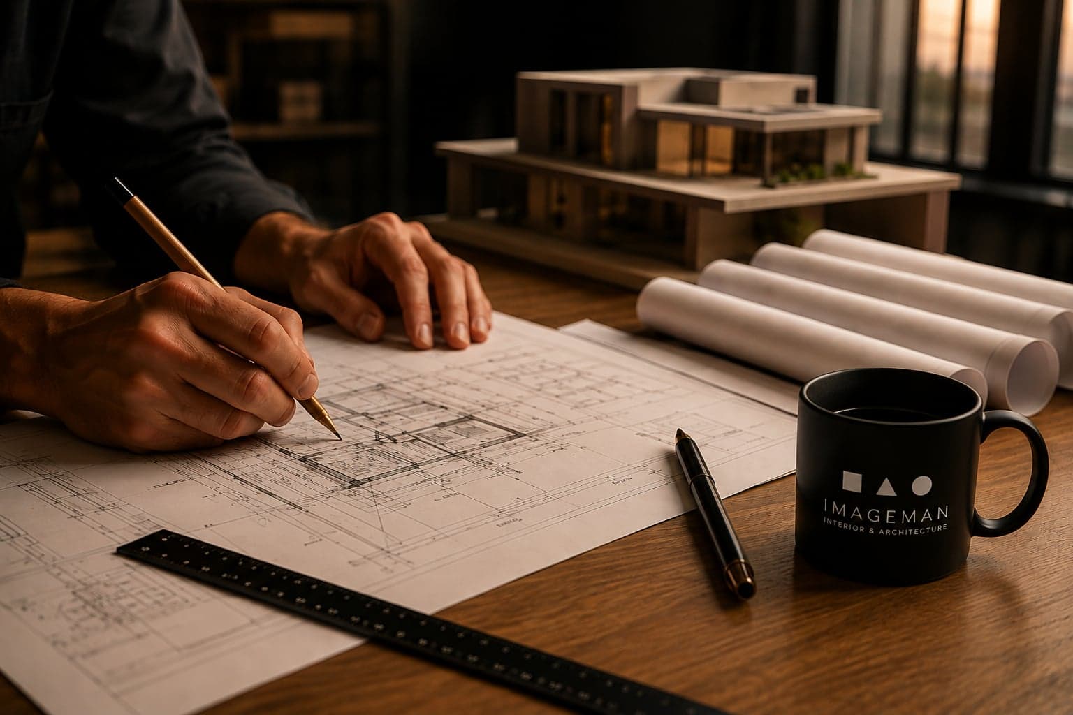 Hands sketching an architectural concept with a ruler