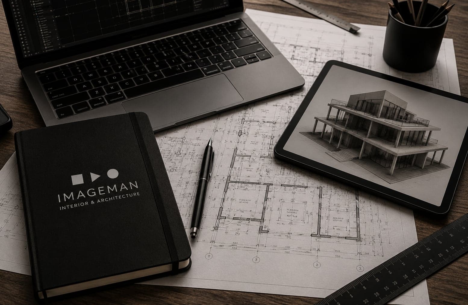 Drafting tools on a technical engineering drawing