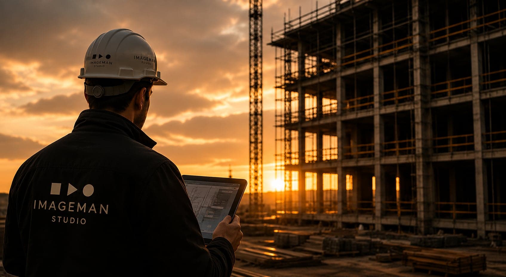 Silhouette of a supervisor in a hardhat at a construction site at dusk
