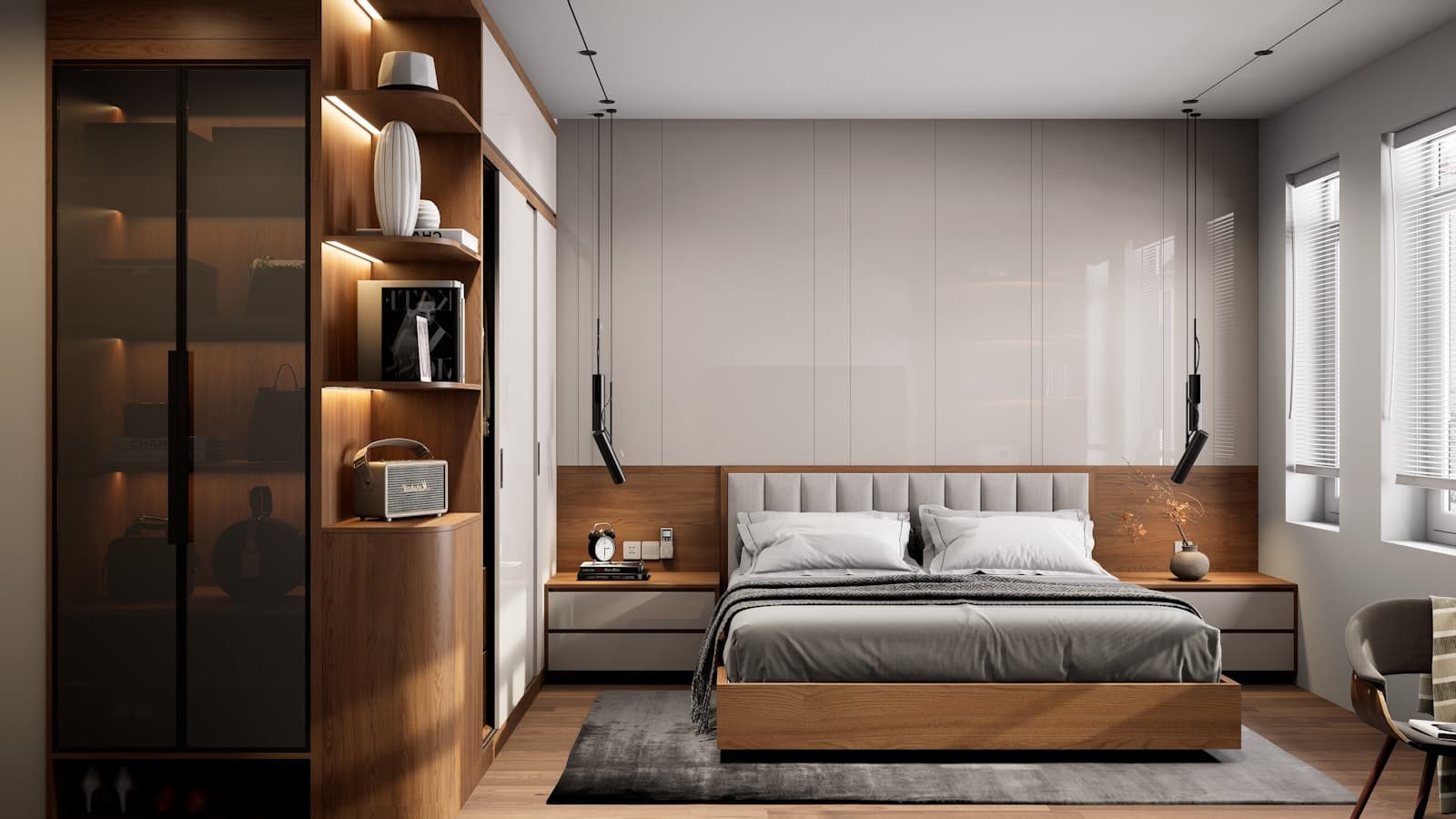 Apartment bedroom with warm wood accents and soft lighting