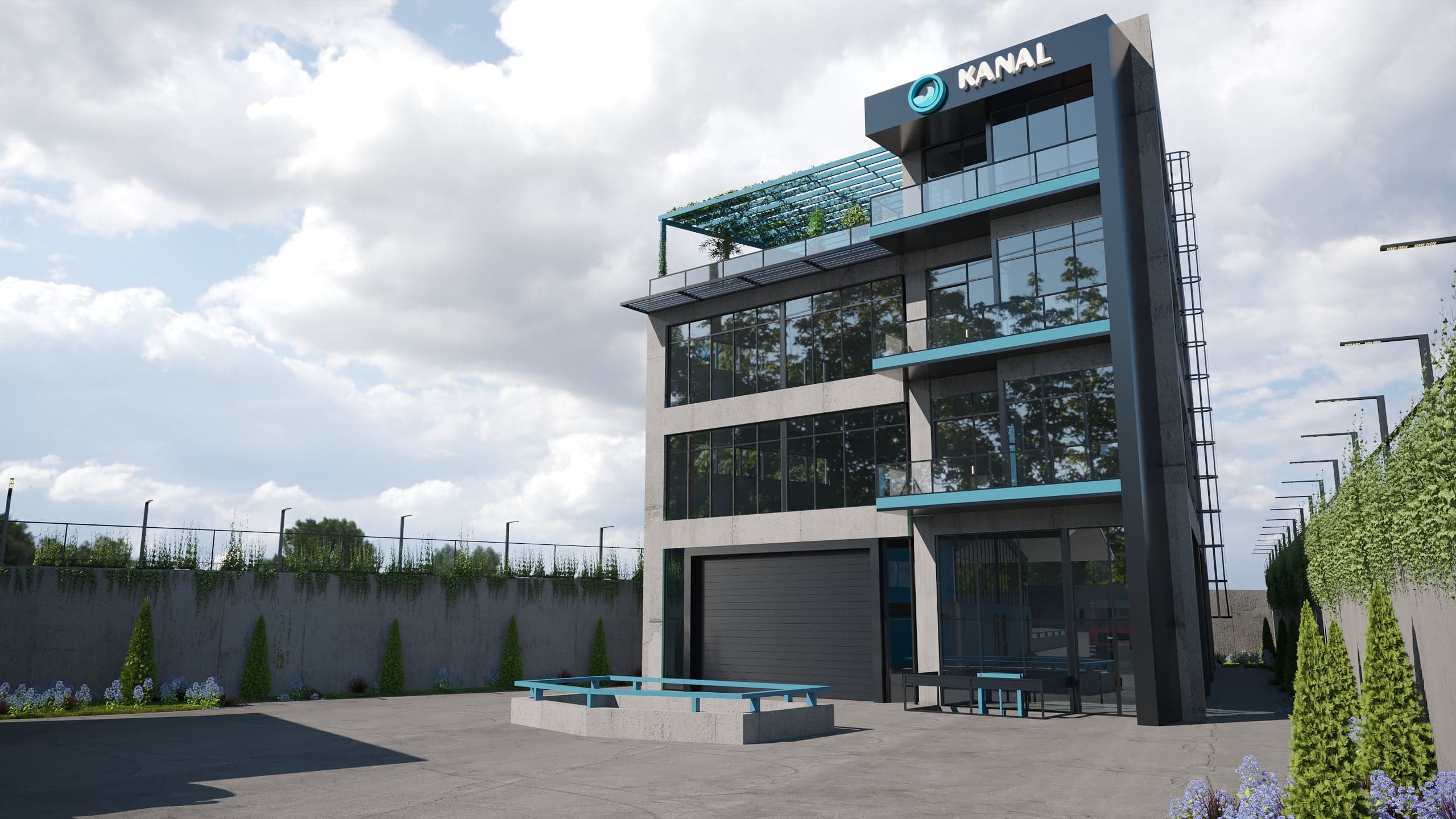 CANAL SERVICE technical operations center — architectural render of the glazed facility with rooftop pergola and blue accents