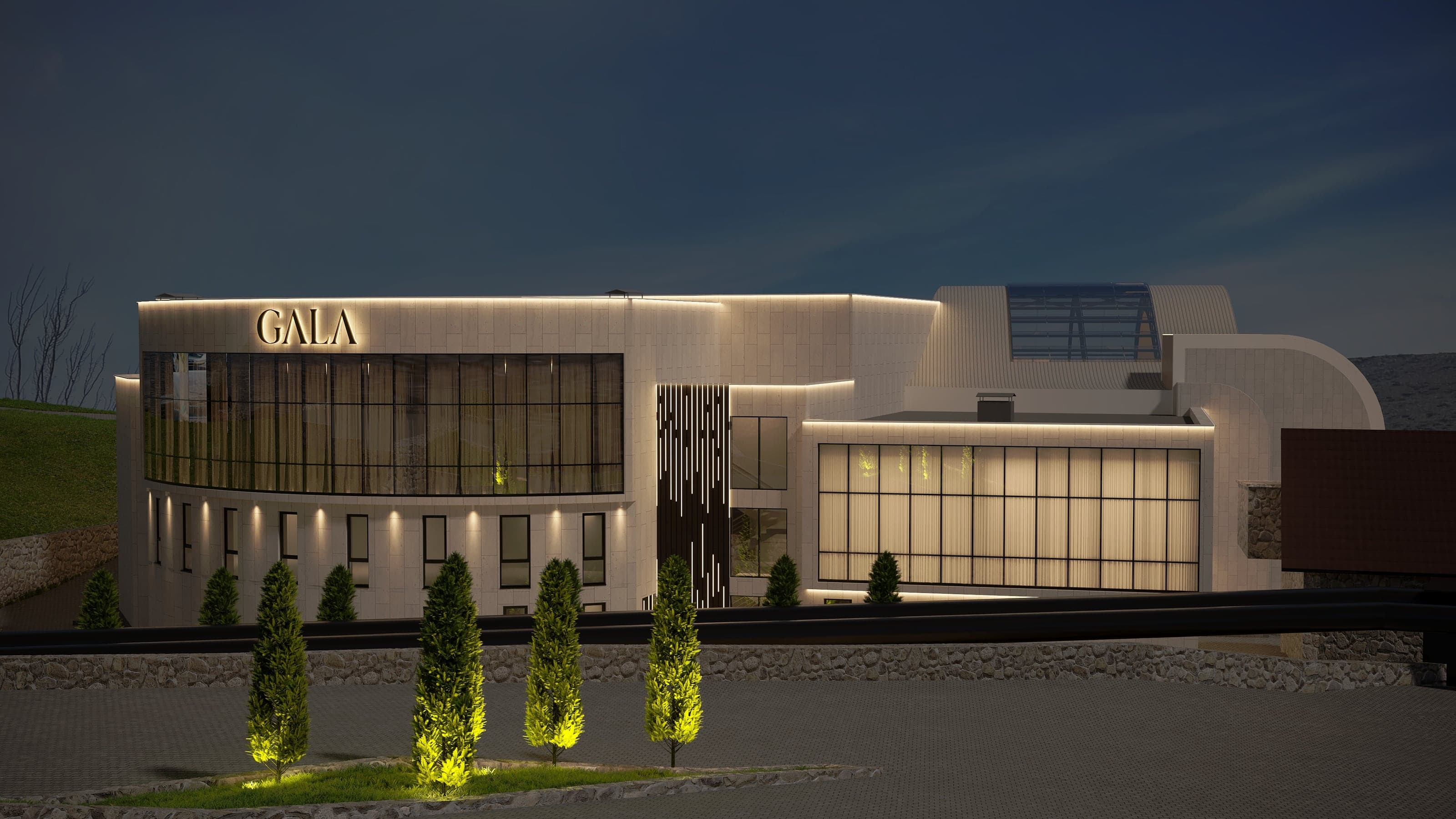 GALA Wedding Venue — night render of the curved stone facade with illuminated signage and landscaped entrance